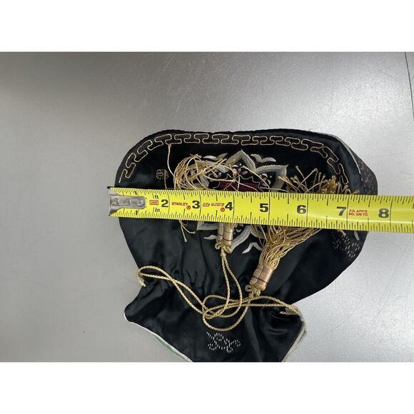 Vintage Antique Chinese Asian Black Silk Tassels Small Drawstring Handbag Bag - Picture 8 of 8